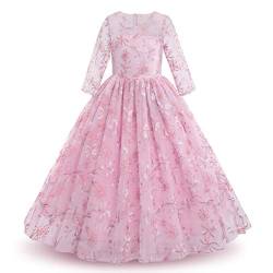 IWEMEK Mädchen Abendkleid 3/4 Ärmel Stickerei Blumen Maxi Tüllkleid Kinder Ballkleid Blumenmädchen Brautkleid Hochzeitskleider Lange Prinzessin Kleid Festlich Festzug Partykleid Bohnenrosa 7-8 Jahre von IWEMEK