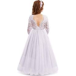 IWEMEK Mädchen Maxi Lange Ärmel V-Rücken Spitze Tüllkleid Blumenmädchen Brautjungfer Hochzeitskleid Prinzessin Partykleid Kommunionskleider Geburtstagstag Abendkleid Kinder Ballkleid Weiß 5-6 Jahre von IWEMEK