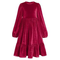 IWEMEK Mädchen Samt Langarm Freizeitkleid Party Kleider Knielang A-Linie Rüschen Skaterkleid Weihnachten Osterferien Schule Tanz Ballkleid Frühling Herbst Winter Kleider Rot 9-10 Jahre von IWEMEK