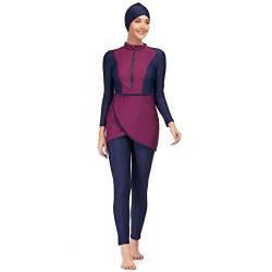 IWEMEK Muslimische Damen Modest Burkini Bedruckter 3 Stück Badeanzug mit Langärmligem Vollständig Bedeckendem Rock + Hose + Hijab Islamischer Arabischer Schwimmstrand Surfen Lila + Blau 2XL von IWEMEK