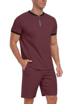 IWOLLENCE 2 Teiler Herren Sommer Poloshirt mit Reißverschluss und Sportshorts mit Taschen Fashion Outfit für Freizeit im Freien Herren Set (Brick Red, M) von IWOLLENCE