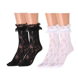 IYOU Blume Kniestrümpfe Schwarz Rüschen Knöchel Hohe Socken Spitze Trim Elastische Cosplay Kostüm Wade Socken für Frauen Mädchen Prinzessin Damen (2 Paare) von IYOU