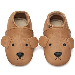 IceUnicorn Krabbelschuhe Baby Lauflernschuhe Jungen Mädchen Weicher Leder Babyhausschuhe Kleinkind Rutschfeste Lederschuhe Baby(Bär Kurkuma, 12-18 Monate) von IceUnicorn