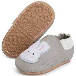 IceUnicorn Krabbelschuhe Baby Lauflernschuhe Weicher Leder Jungen Mädchen Lederschuhe Babys Rutschfeste Krabbelschuhe mit Gummisohle Babyschuhe(Hellgrau Kaninchen, 12-18 Monate) von IceUnicorn