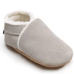 IceUnicorn Krabbelschuhe Baby Winter Krabbelschuhe Gefüttert Plüsch Hausschuhe Baby Lauflernschuhe Warm Weiche Leder Babyschuhe(NR Grau, 18-24 Monate) von IceUnicorn