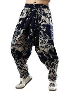 Idopy Herren Chinesische traditionelle Drache Baggy Harem Hosen Hosen, Blau, XXL von Idopy