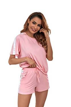 Ietaoo Damen Schlafanzug Kurz Pyjama Set Sommer Kurzarm Top und Short Nachtwäsche Hausanzug Zweiteilige Sleepwear Freizeitanzug mit Tasche,Rosa,M von Ietaoo