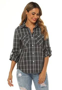 Ietaoo Karierte Bluse Damen Karohemd Langarmshirt Casual Boyfriend Hemd Oberteile Button Down Hemdbluse Plaid Shirt Top Grau M von Ietaoo