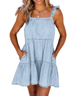 Imily Bela Damen Jeanskleid Denim Sommerkleid Spaghettiträger Ärmelloses Rüschen Kleid mit Tasche, Hellblau, S von Imily Bela