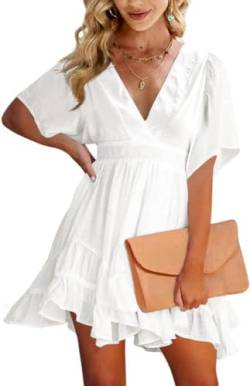 Imily Bela Damen Kleider Sommer V Ausschnitt Kurzarm Freizeitkleider Rüschen Hohe Taille Swing Mini Strandkleid A-Linie Einfarbig(Weiß,S) von Imily Bela