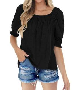 Imily Bela Damen T-Shirt mit Blase Ärmel Eckigem Ausschnitt Halbarm Tops Sommer Oberteile Locker Shirts (Schwarz, S) von Imily Bela