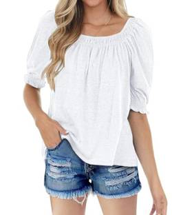 Imily Bela Damen T-Shirt mit Blase Ärmel Eckigem Ausschnitt Halbarm Tops Sommer Oberteile Locker Shirts (Weiß, M) von Imily Bela