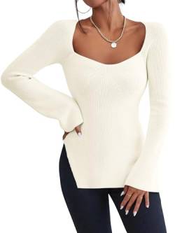 Imily Bela Pullover Damen Winter Langarm,Leicht Casual Sexy Tops,Quadratischer Ausschnitt,Slim Fit Strickpullover, Elegant Einfarbige Sweateshirt-Herbst Pullovers Basic Oberteile (Weiß,M) von Imily Bela