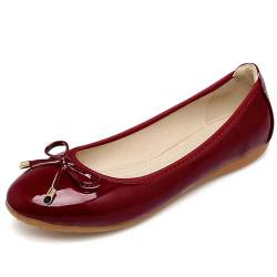 Bequeme Mode Frühling Flacher Mund Schuhe Herbst Frauen Flache Unterseite Wild Bow Lackleder Scoop Schuhe Runde Rote Hochzeitsschuhe von Immemorialm