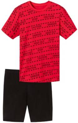 In One Clothing - Jungen Schlafanzug kurz, weicher Single-Jersey aus 100% Baumwolle, mit Motivdruck und Hose in Bermuda Form - mit Motiv Danger, in der Farbe rot/schwarz - Grösse 176 von In One Clothing