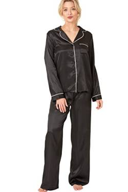 Indigo Sky Damen Womens Astara Full Length Satin Pyjama with Contrast Piping Pyjamaset, Ebenholz Schwarz, 26-28 von Indigo Sky