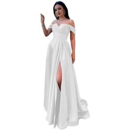 Infuness Damen Satin Schulterfreie Ballkleider Lang gerüschtes Brautjungfernkleid Schlitz Meerjungfrau Hochzeit Partei Kleid von Infuness