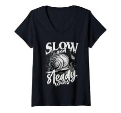 Damen Schnecke Schnecken Entomologie Slow and steady wins T-Shirt mit V-Ausschnitt von Insekten Zikaden Wanzen Entomologen Bienen