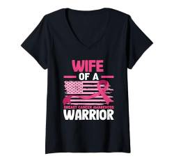 Damen Wife Of A Warrior Brustkrebs-Bewusstsein T-Shirt mit V-Ausschnitt von Inspirational Breast Cancer Awareness Gifts Co.