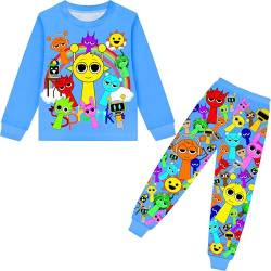 Iowillar Sprunki-Hosen-Set für Jungen und Mädchen, Musikabenteuer, T-Shirt, 2-teilig, langärmelig, Cartoon-Monster-Spielkleidung, Outfit, A-blau, 11-12 Jahre von Iowillar