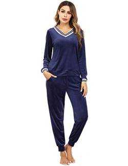 Irevial Damen Velours Lang Winter Weich Pyjama Anzug Set Navy, XXL Schlafanzug, Marineblau, 48 von Irevial