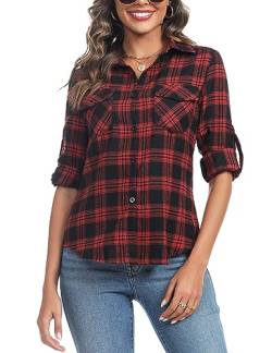 Irevial Karierte Bluse Damen Karohemd Langarmshirt Casual Hemd Oberteile Button Down Hemdbluse Boyfriend Plaid Shirt Top Rot S von Irevial