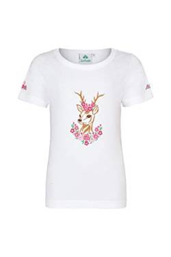 Mädchen T-Shirt mit Glitzer-Steinen, REH- und Blumenstickereien Pink/Weiss Größe 128 von Isar-Trachten