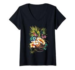 Damen Tropical Beach Kokosstroh Blumen Floral T-Shirt mit V-Ausschnitt von Island Paradise Summer Vacation Hawaiian