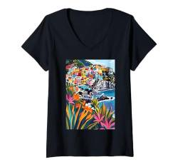 Damen Cinque Terre Art Italien T-Shirt mit V-Ausschnitt von Italy Aesthetic Minimalist Art (Cinque Terre)