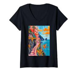 Damen Amalfi Coast Art Italien T-Shirt mit V-Ausschnitt von Italy Minimalist Graphics Arts (Amalfi)