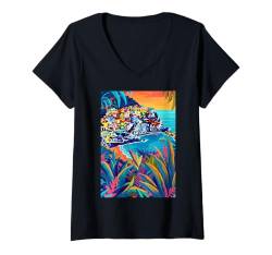 Damen Italien Cinque Terre Natur Italien T-Shirt mit V-Ausschnitt von Italy Theme Minimalist Art (Cinque Terre)