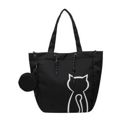 Itkcozcg Modische Handtasche für Damen, Schultertasche, Katzendruck, Handtasche, Damen, große Kapazität, Segeltuch, Schultasche für Studenten, für Shopping, Reisen, Uni, Schwarz , Size reference von Itkcozcg