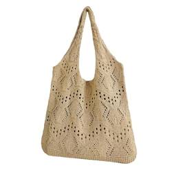 Itkcozcg Modische Handtasche für Damen, modisch, ausgehöhlt, gestrickt, Strandtasche, einfarbig, gehäkelt, Unterarm-Umhängetasche, großes Fassungsvermögen, Einkaufstasche, khaki, 38*33cm von Itkcozcg