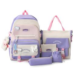 IvyH Schulranzen-Set 5-teilig, Schultasche Mädchen Rucksack Schule Teenager Schulrucksack für Mädchen der 3. bis 7. Klasse, School Bag Set mit Einkaufstasche Federmäppchen Brustbeutel,45 cm-Lila von IvyH