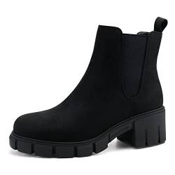 JABASIC Chelsea Boots für Damen Elastische Plateau-Stiefel zum Hineinschlüpfen (40,Wildleder-Schwarz) von JABASIC