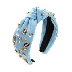 Jackanna Damen Perlen Haarreifen Stoff Mode Rugby Stirnband Mit Knoten Vintage Breite Haarreifen Barocker Stil Haarband Perlen Glitzer Strass Haarreif Haarschmuck Zubehör (Hellblau, 15×12cm) von JACKANNA