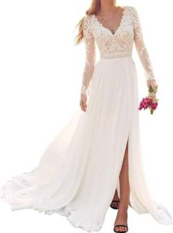 JAEDEN Boho Brautkleid Hochzeitskleid Damen Lang Spitzen Brautkleider Langarm Standesamtkleid Weiß 32 von JAEDEN