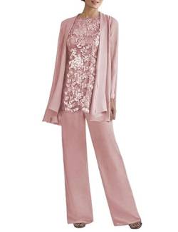 JAEDEN Brautmutter Anzug 3tlg - Chiffon Mutter Der Braut Hosenanzug mit Jacke Hochzeitsgast Hosen Set Staubige Rose 48 von JAEDEN