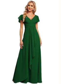 JAEDEN Damen Brautjungfernkleider Chiffon V-Ausschnitt Abendkleid mit Ärmel Formelle Hochzeit Party Kleid Smaragdgrün 58 von JAEDEN