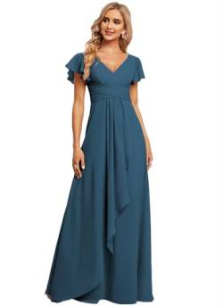 JAEDEN Damen Brautjungfernkleider Chiffon V-Ausschnitt Abendkleid mit Ärmel Formelle Hochzeit Party Kleid Teal 34 von JAEDEN