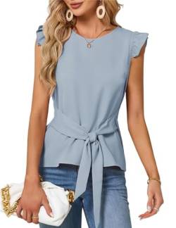 Damen Bluse Elegant，Tops FüR Damen, Elegante Arbeits Bluse, Bauchweg-Business-Blusen, Rundhals-Sommerbluse,Bluse Damen Kurzarm Mit GüRtel RüSchenäRmel-Shirts, FlüGeläRmel-Oberteile von JASAMBAC