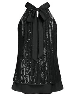 JASAMBAC Pailletten Glitzer Neckholder Tops für Damen, ärmelloses Schlüsselloch Knoten Weste Hemd, Cocktail Party, Club Tanktop von JASAMBAC