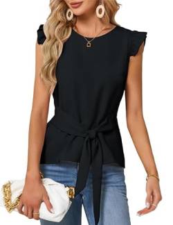 Tunika Damen Elegant，Tops FüR Damen, Bauchweg-Business-Blusen, Rundhals-Sommerbluse,Bluse Damen Kurzarm Mit GüRtel RüSchenäRmel-Shirts, FlüGeläRmel-Oberteile von JASAMBAC