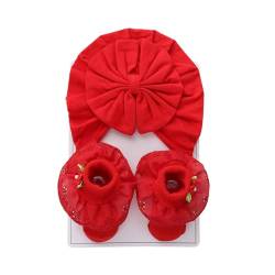 1Set Baby Mütze Mädchen Baumwolle Turban Hüte Socken Set, Neugeborenen Hut mit Schleifen Rutschfeste Socken Baby elastische Beanie Hut Baumwolle Säuglingssocken für Neugeborene Junge Mädchen von JAWSEU