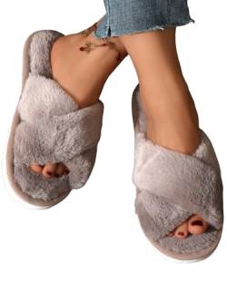 JAWSEU Winter Plüsch Pantoffeln Frauen Flauschige Hausschuhe Weicher Plüsch Retro Hausschuhe Frauen Bequeme Trendiger Slipper Offene Zehen Hausschuhe Anti-Rutsch Warme Pelzige Gemütliche Slipper von JAWSEU