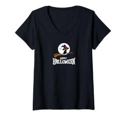 Damen Fröhliche Halloween-Hexe Blackcat T-Shirt mit V-Ausschnitt von JCK Halloween Time