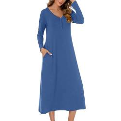 JCQIGOA Nachthemd Damen Lang mit Knopfleiste Sexy Nachtwäsche Stillnachthemd Langarm Baumwolle Oversize Schlafshirt Unterkleid Große Größe Für Frauen Pyjamas Kleid，Blau XXL von JCQIGOA