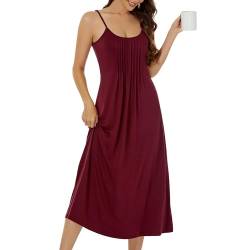 JCQIGOA Nachthemd Damen Sommer Spaghettiträger Lang Sexy Unterkleid Full Slip Stillnachthemd Langes Baumwolle Oversize Große Größe Nachthemd für Damen Pyjamas Kleid，Rot XXL von JCQIGOA