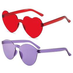 JCTAIFOO 2 Paare Herz Sonnenbrille für Damen Transparente randlose Süßigkeiten Farbe Brille Nette Mädchen Herz-Form Sonnenbrille Rot+Lila von JCTAIFOO