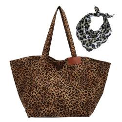 JEKAVA Tote Tasche Leopardenmuster Handtasche Canvas Umhängetasche Damen Leoparden Shopper Damen Groß Schultertasche Persönlichkeiten Tragetaschen Stilvoll Handbags Mode Tasche für Frauen (Braun) von JEKAVA